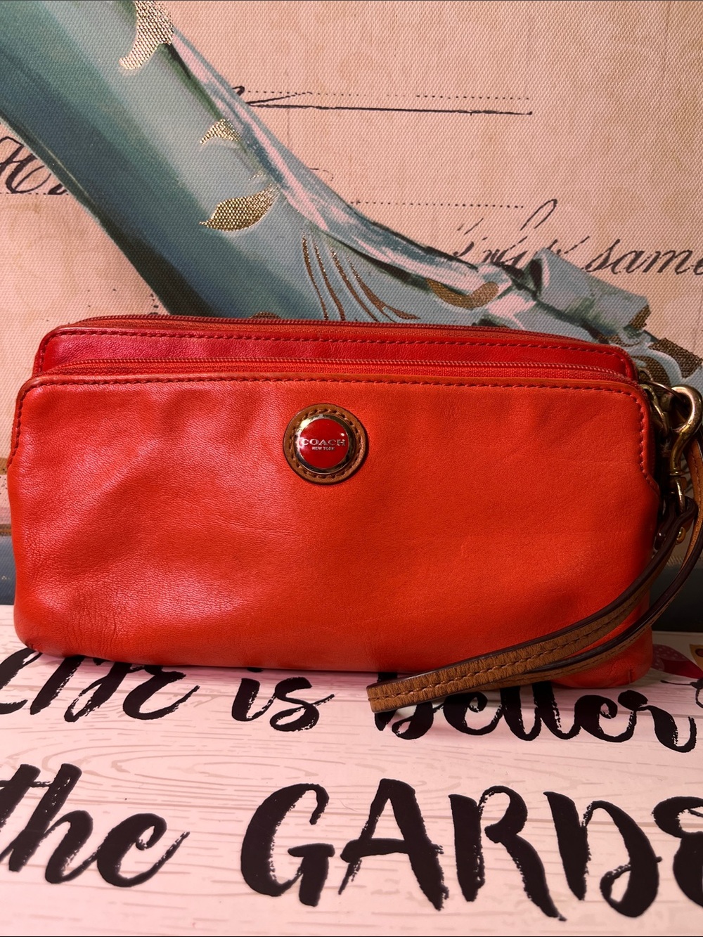 Coach Orange Leather Wristlet Clutch vintage